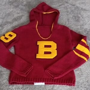 She Lettered varsity hooded sweater maroon and mustard